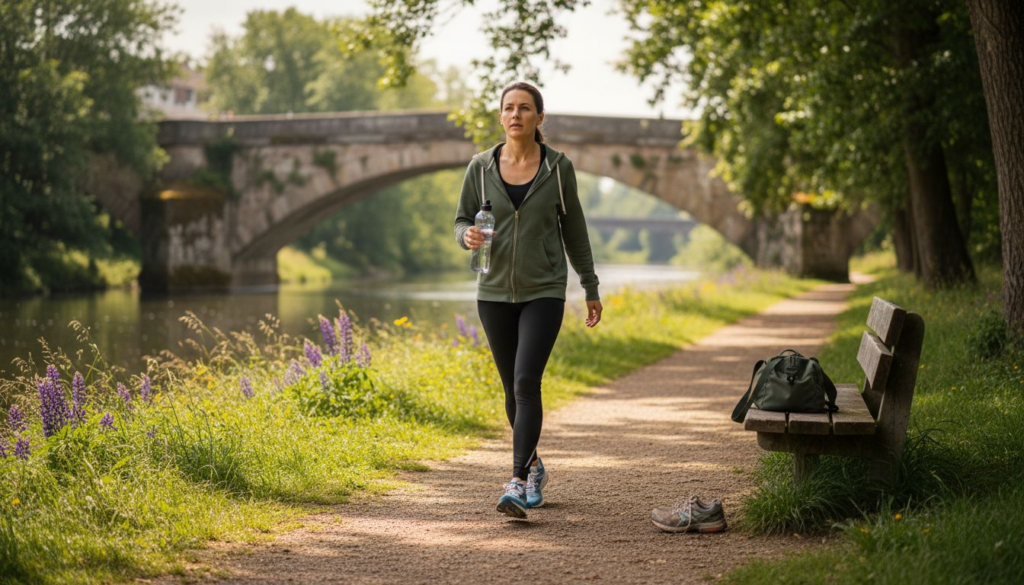 Woman walking riverside promoting liver health