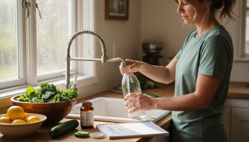 Woman preparing detox water in bright kitchen