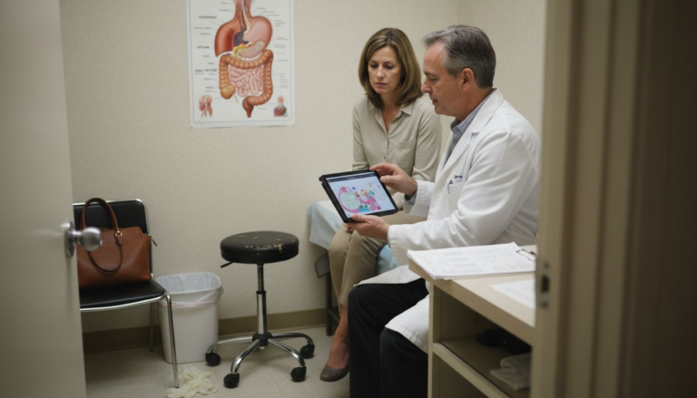 Doctor reviews digestive health with patient in exam room