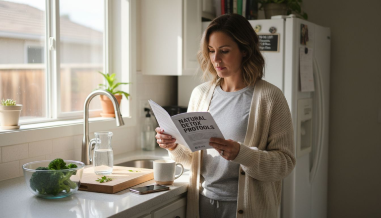 Woman reading natural detox guide in kitchen