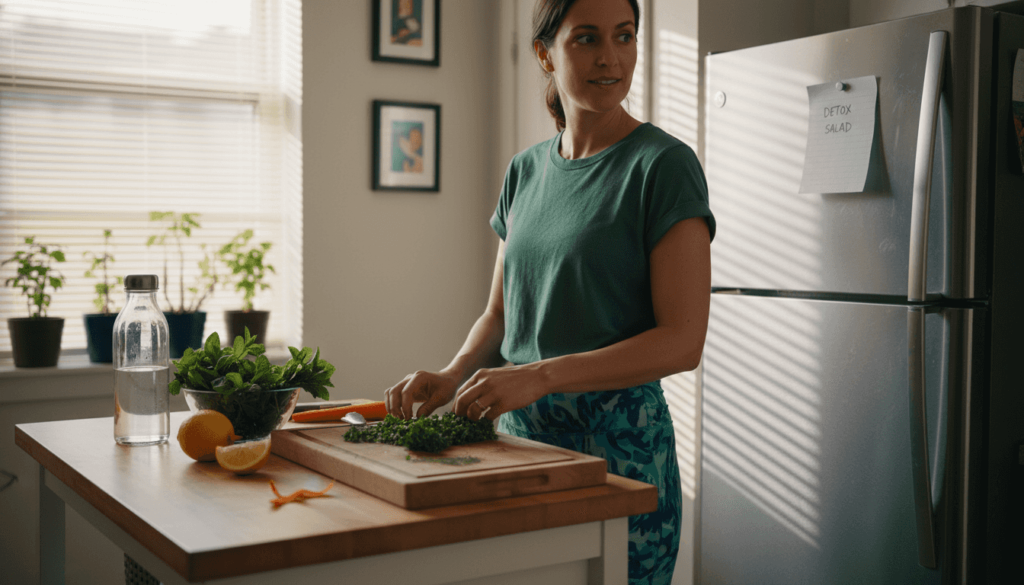 Woman prepping detox salad in city kitchen