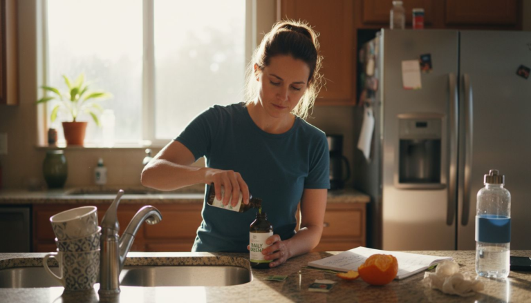 Pouring herbal detox supplement in busy kitchen