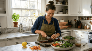 Woman prepares fresh salad in bright kitchen