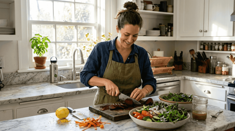 Woman prepares fresh salad in bright kitchen